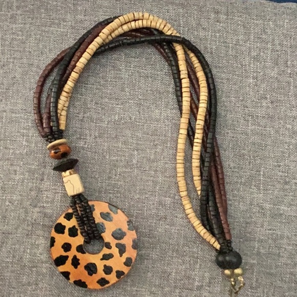 Leopard Print Wooden Beads and Disc Pendant Necklace 34” 1289 - Picture 1 of 4